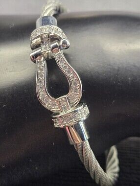 Silver Cable Bracelet Crystal Stirrup Buckle Clasp One Size